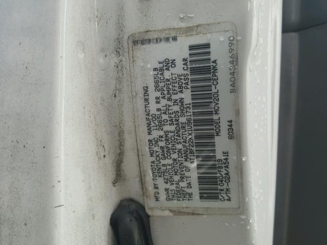 4T1BF22KX1U961731 - 2001 TOYOTA CAMRY LE WHITE photo 10