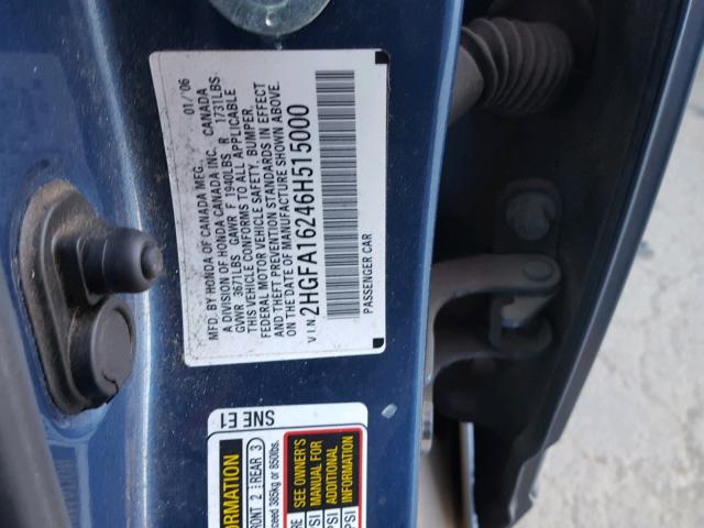 2HGFA16246H515000 - 2006 HONDA CIVIC DX BLUE photo 10