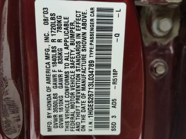 1HGES26713L034789 - 2003 HONDA CIVIC EX MAROON photo 10