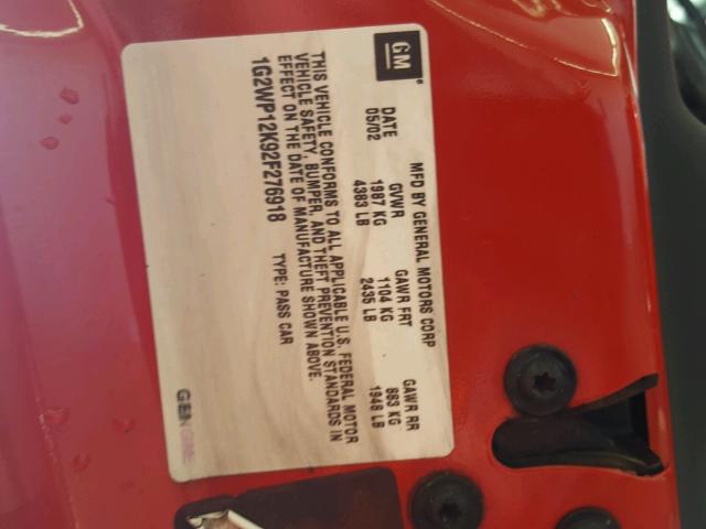 1G2WP12K92F276918 - 2002 PONTIAC GRAND PRIX RED photo 10