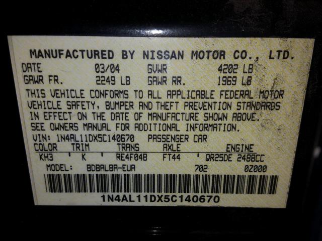 1N4AL11DX5C140670 - 2005 NISSAN ALTIMA S BLACK photo 10