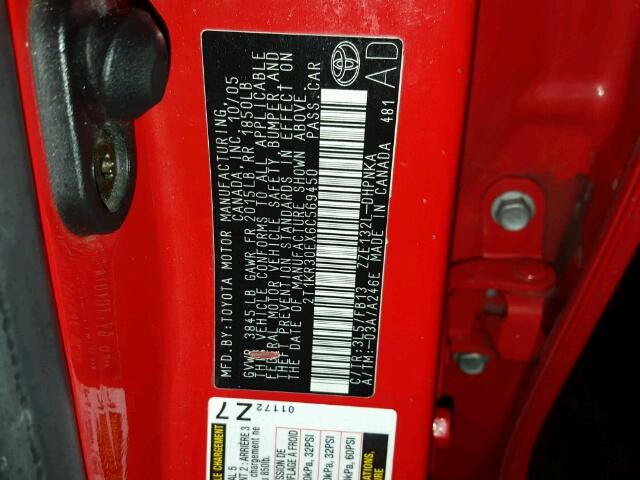 2T1KR30EX6C569450 - 2006 TOYOTA COROLLA MA RED photo 10