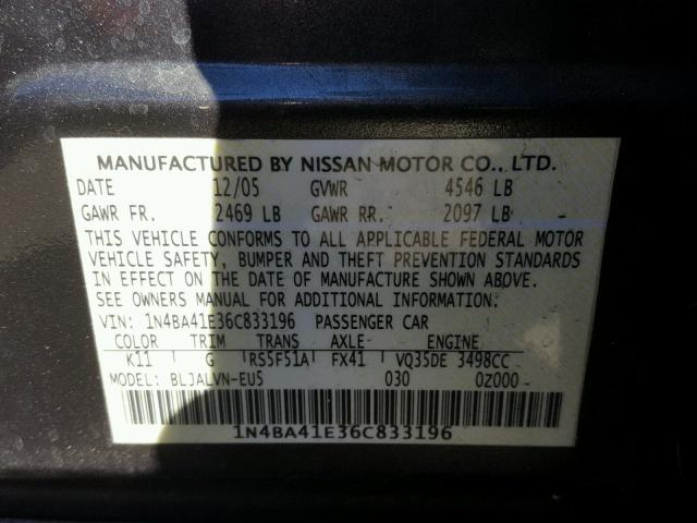 1N4BA41E36C833196 - 2006 NISSAN MAXIMA SE GRAY photo 10