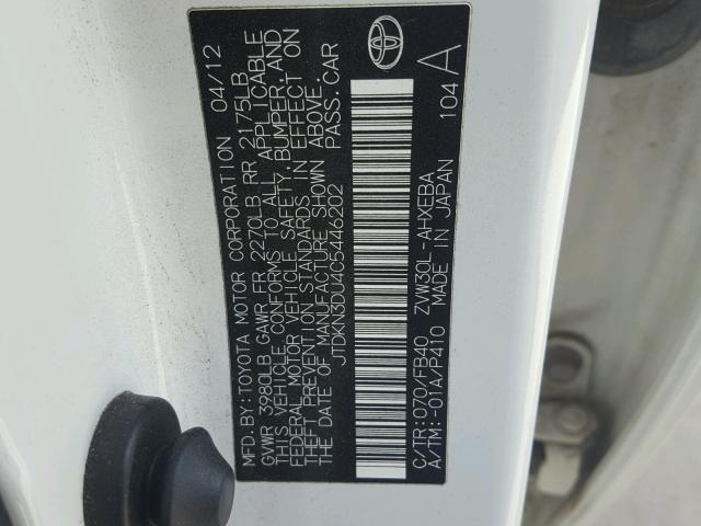 JTDKN3DU4C5446202 - 2012 TOYOTA PRIUS WHITE photo 10