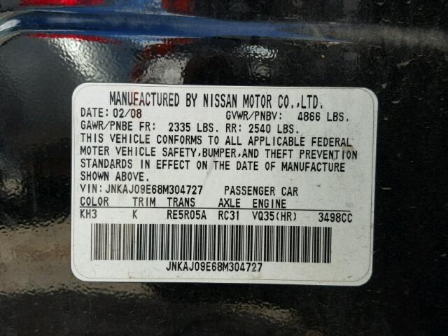 JNKAJ09E68M304727 - 2008 INFINITI EX35 BASE BLACK photo 10