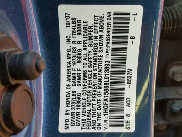 1HGFA15888L013893 - 2008 HONDA CIVIC EX BLUE photo 10