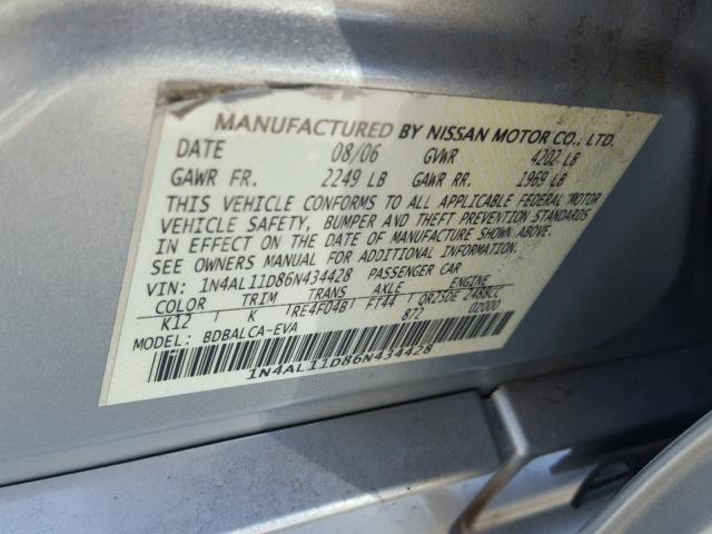 1N4AL11D86N434428 - 2006 NISSAN ALTIMA S SILVER photo 10