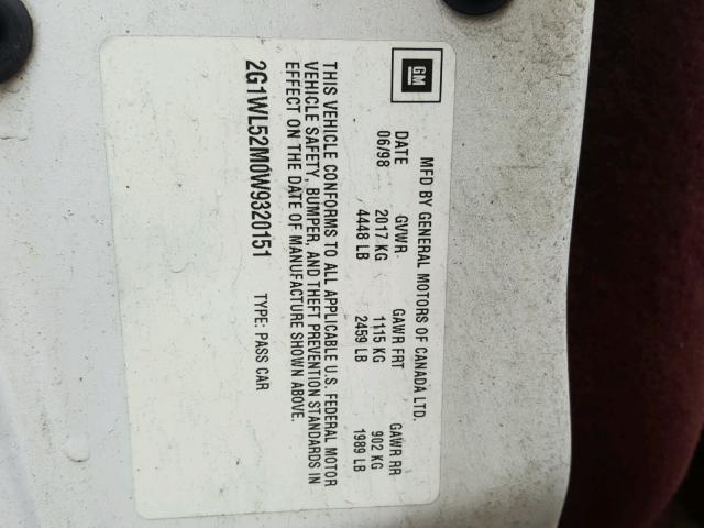 2G1WL52M0W9320151 - 1998 CHEVROLET LUMINA BAS თეთრი ფოტო 10