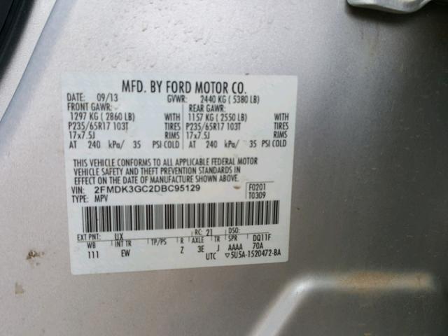 2FMDK3GC2DBC95129 - 2013 FORD EDGE SE GRAY photo 10