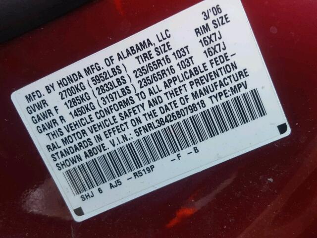 5FNRL38426B079818 - 2006 HONDA ODYSSEY EX RED photo 10