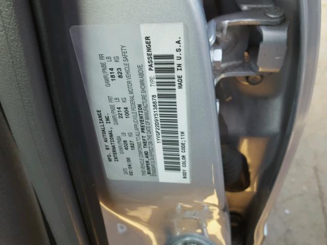 1YVGF22D9Y5138878 - 2000 MAZDA 626 ES GRAY photo 10