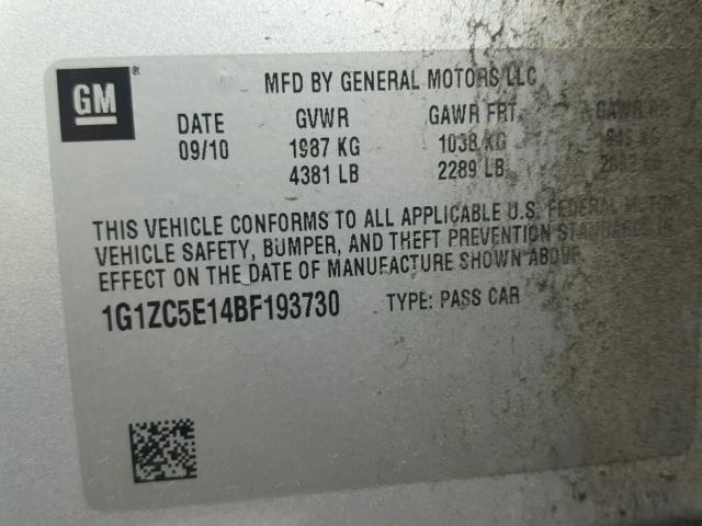 1G1ZC5E14BF193730 - 2011 CHEVROLET MALIBU 1LT 银色 照片 10