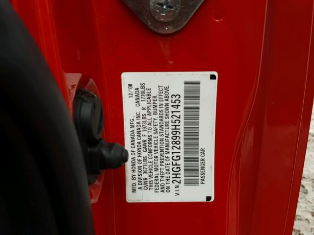 2HGFG12899H521453 - 2009 HONDA CIVIC EX RED photo 10