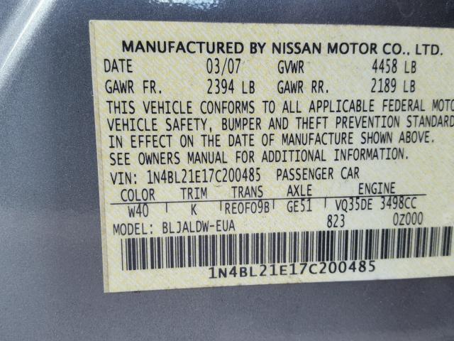 1N4BL21E17C200485 - 2007 NISSAN ALTIMA 3.5 CHARCOAL photo 10