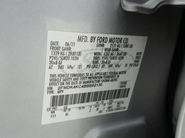 2FMDK4KC4BBB52130 - 2011 FORD EDGE LIMIT SILVER photo 10