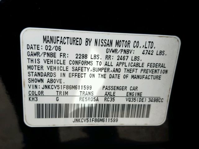 JNKCV51F86M611599 - 2006 INFINITI G35 BLACK photo 10