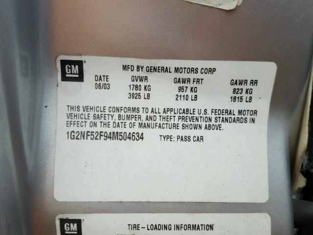 1G2NF52F94M504634 - 2004 PONTIAC GRAND AM S SILVER photo 10