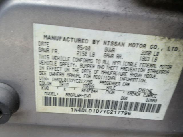 1N4DL01D7YC217796 - 2000 NISSAN ALTIMA XE SILVER photo 10