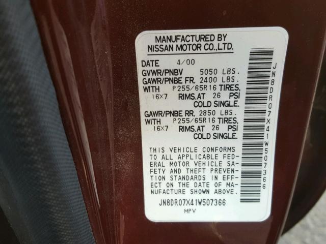 JN8DR07X41W507366 - 2001 NISSAN PATHFINDER BURGUNDY photo 10