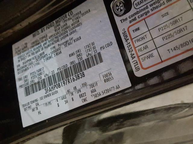 3FAHP08197R163838 - 2007 FORD FUSION SEL BLACK photo 10