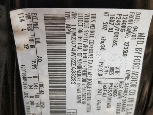 1FMZU74W52ZA33282 - 2002 FORD EXPLORER E BLACK photo 10