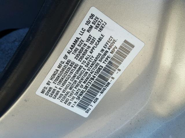 5FNRL38737B415083 - 2007 HONDA ODYSSEY EX SILVER photo 10