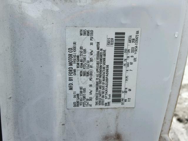 1FTKR1AD2BPA59938 - 2011 FORD RANGER WHITE photo 10