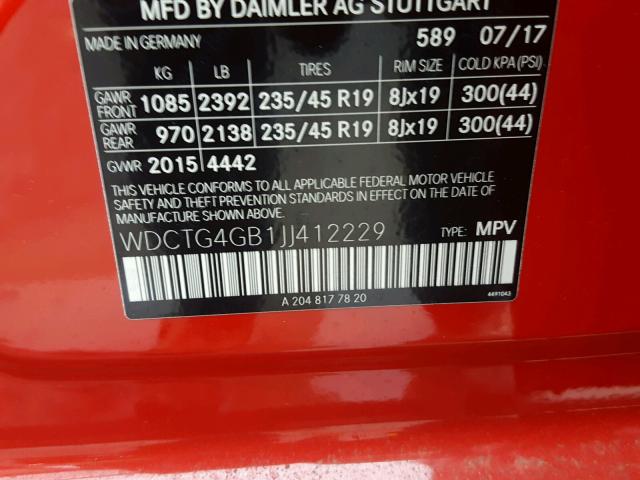 WDCTG4GB1JJ412229 - 2018 MERCEDES-BENZ GLA 250 4M RED photo 10