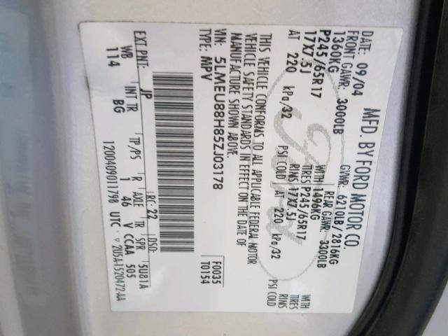 5LMEU88H85ZJ03178 - 2005 LINCOLN AVIATOR 银色 照片 10