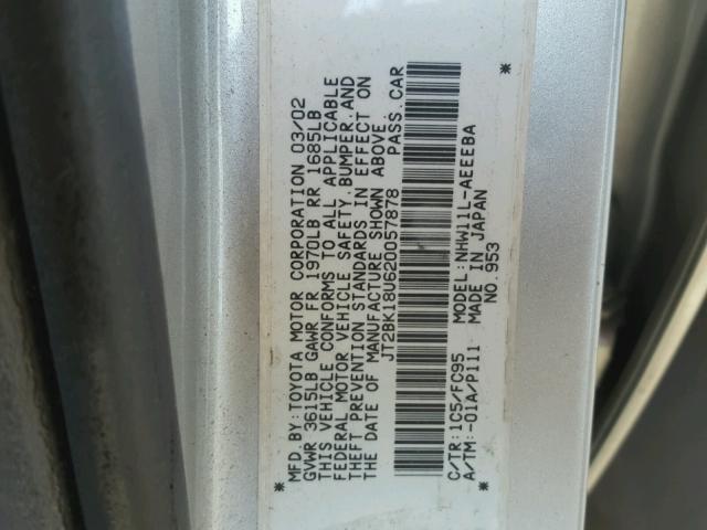 JT2BK18U620057878 - 2002 TOYOTA PRIUS GRAY photo 10