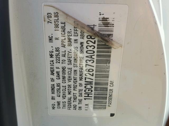 1HGCM72673A032844 - 2003 HONDA ACCORD EX WHITE photo 10