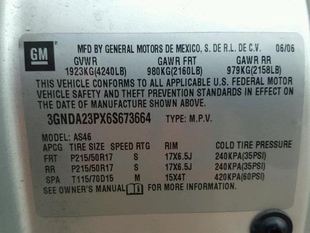 3GNDA23PX6S673664 - 2006 CHEVROLET HHR LT SILVER photo 10