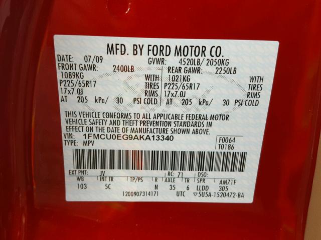 1FMCU0EG9AKA13340 - 2010 FORD ESCAPE LIM RED photo 10