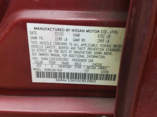 1N4AL11D55C953902 - 2005 NISSAN ALTIMA S BURGUNDY photo 10