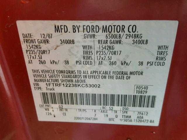 1FTRF12238KC53002 - 2008 FORD F150 RED photo 10