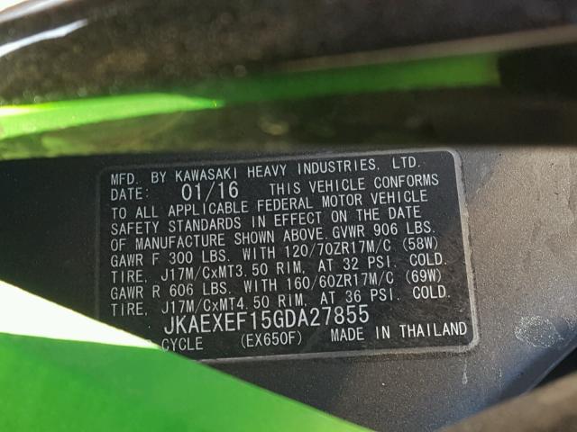 JKAEXEF15GDA27855 - 2016 KAWASAKI EX650 F GREEN photo 10