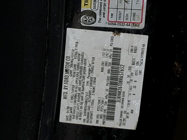 3LNHM26T08R657652 - 2008 LINCOLN MKZ BLACK photo 10