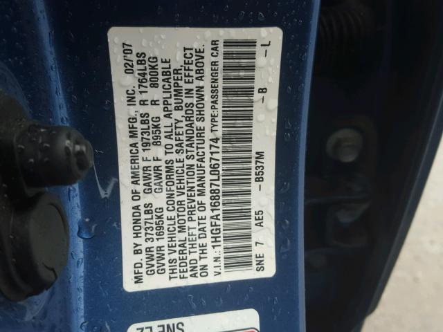 1HGFA16887L067174 - 2007 HONDA CIVIC EX BLUE photo 10