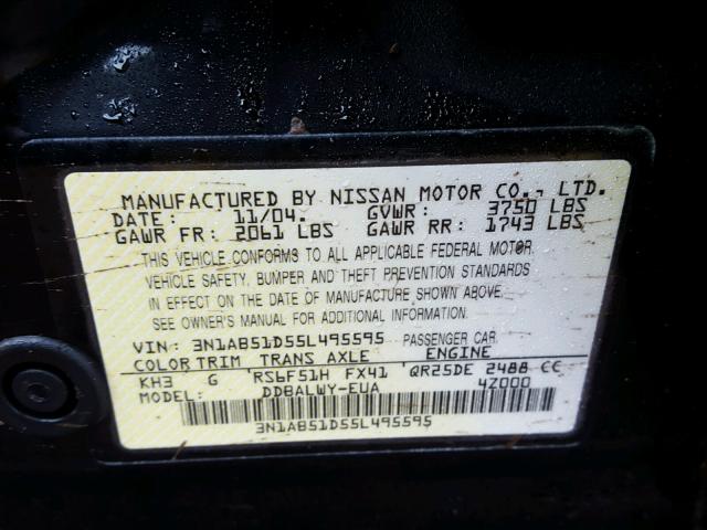 3N1AB51D55L495595 - 2005 NISSAN SENTRA SE- BLACK photo 10