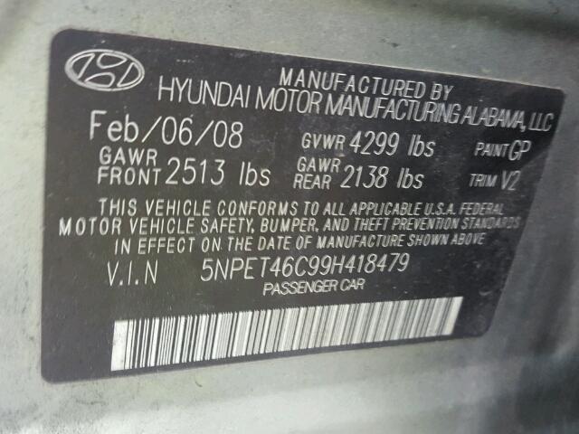 5NPET46C99H418479 - 2009 HYUNDAI SONATA GLS GREEN photo 10