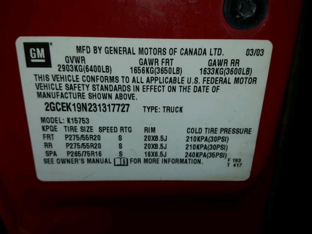 2GCEK19N231317727 - 2003 CHEVROLET SILVERADO RED photo 10