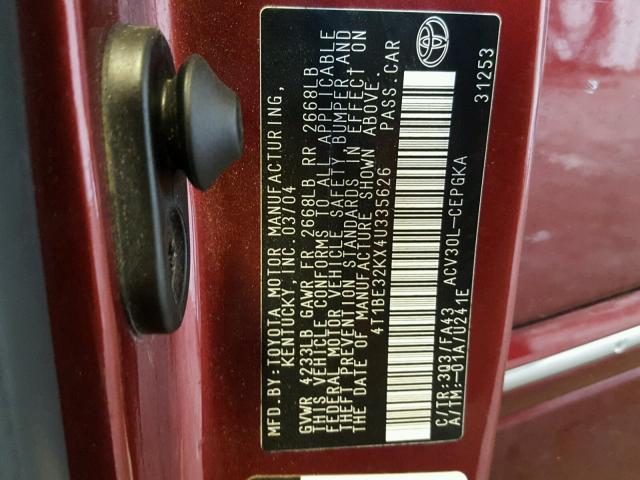 4T1BE32KX4U335626 - 2004 TOYOTA CAMRY LE BURGUNDY photo 10