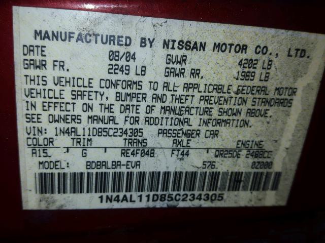 1N4AL11D85C234305 - 2005 NISSAN ALTIMA S RED photo 10