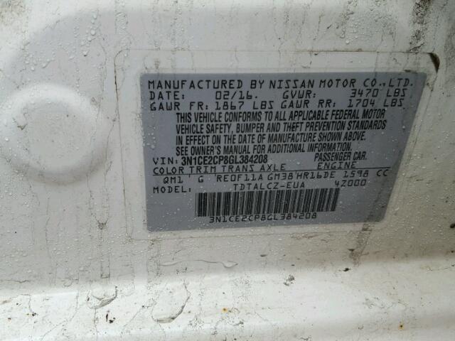 3N1CE2CP8GL384208 - 2016 NISSAN VERSA NOTE WHITE photo 10