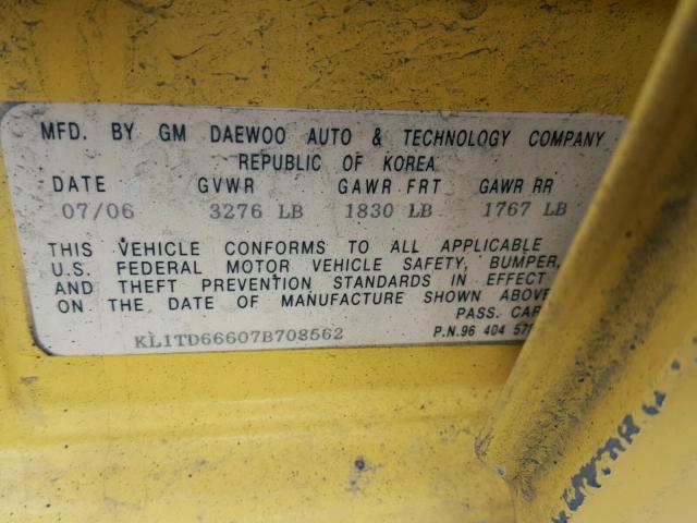 KL1TD66607B708562 - 2007 CHEVROLET AVEO BASE Sarı fotoğraf 10