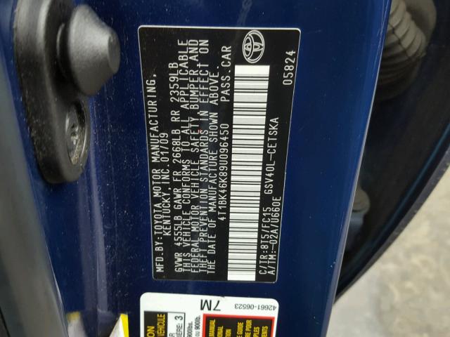 4T1BK46K89U096450 - 2009 TOYOTA CAMRY SE BLUE photo 10