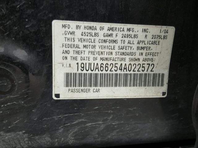 19UUA66254A022572 - 2004 ACURA TL BLACK photo 10