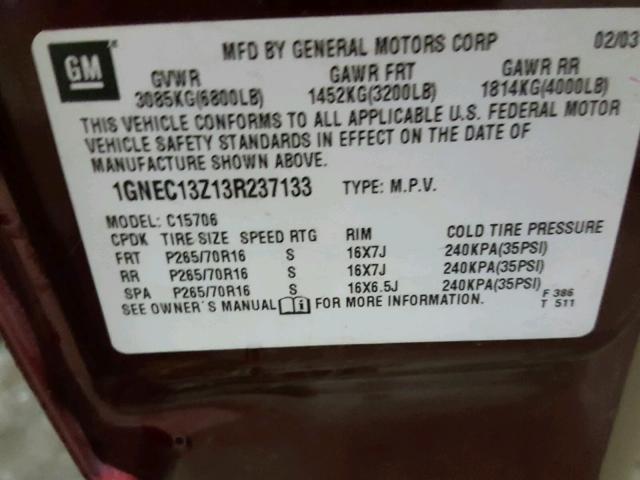 1GNEC13Z13R237133 - 2003 CHEVROLET TAHOE C150 MAROON photo 10