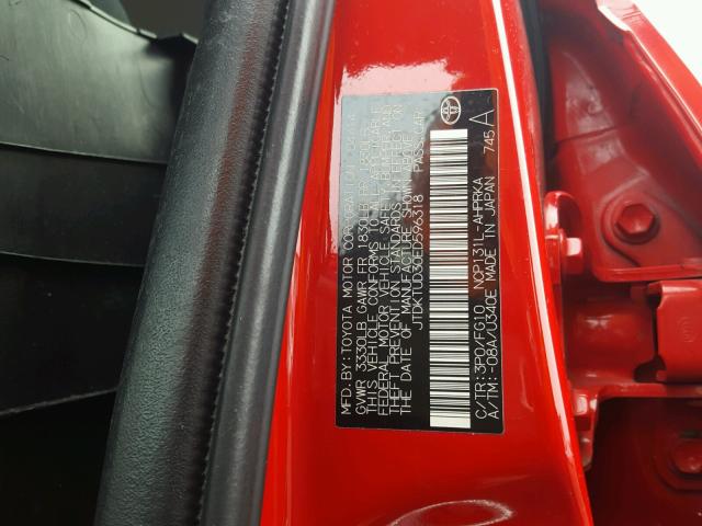 JTDKTUD30ED596318 - 2014 TOYOTA YARIS RED photo 10