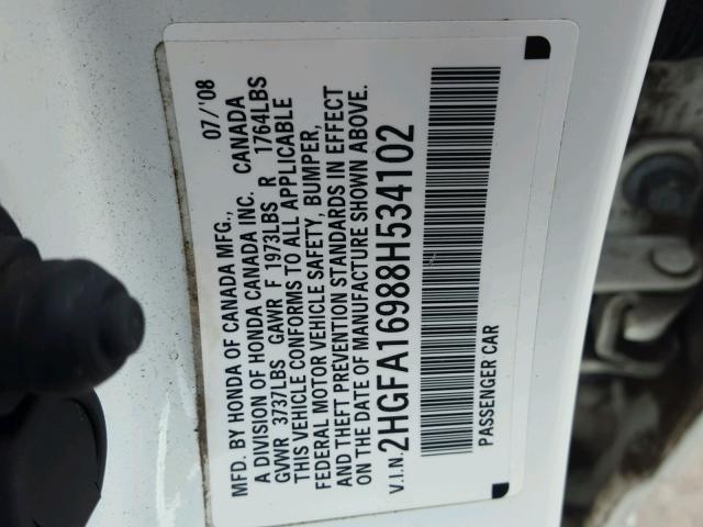 2HGFA16988H534102 - 2008 HONDA CIVIC EXL 白色 照片 10